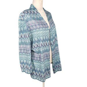 Chico's 2 L Lightweight Open Cardigan Sparkly Blue Purple Silver Chevron Print
